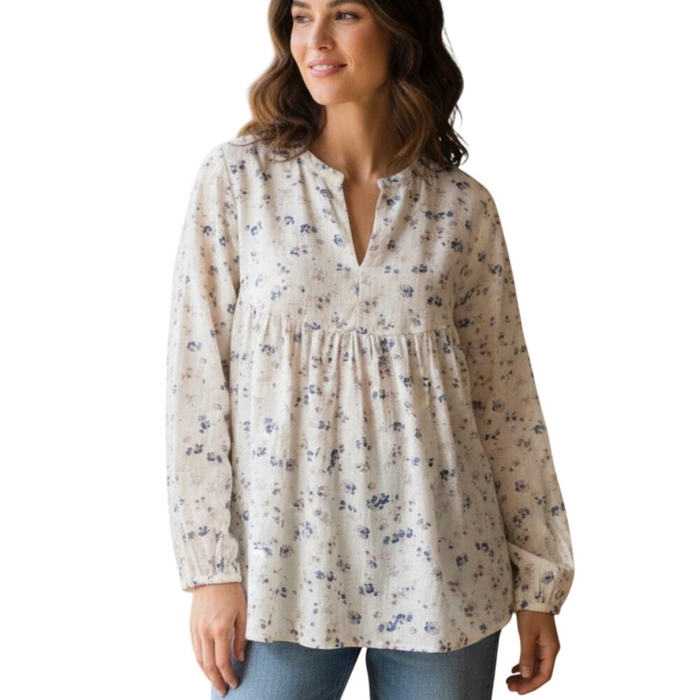 Lucky Brand Floral Babydoll Peasant Top Womens Large Cream Balloon Sleeve Boho